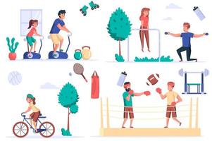 actividad de fitness conjunto de elementos aislados. grupo de personas en bicicletas estáticas, haciendo barra horizontal o ejercicio con mancuernas, boxeo, ciclismo. kit de creador para ilustración vectorial en diseño plano de dibujos animados vector