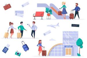 Airport terminal isolated elements set. Bundle of masked passengers go temperature control, tourists with luggage go to boarding, world trip. Creator kit for vector illustration in flat cartoon design