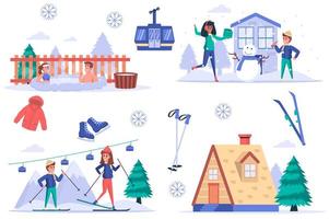 Ski resort isolated elements set. Bundle of people rest in mountains in winter, swim in hot bathtub, make snowman, go skiing and funicular. Creator kit for vector illustration in flat cartoon design