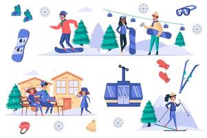 conjunto de elementos aislados de la estación de esquí. paquete de personas descansan en las montañas en invierno, esquí, snowboard, funicular, familia con niño en hotel. kit de creador para ilustración vectorial en diseño plano de dibujos animados vector