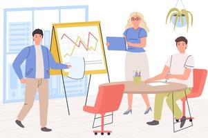 Business meeting concept. Employees make presentation at conference, brainstorming, analyze data and discuss strategy, success and development of company. Vector illustration in trendy flat design