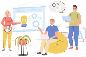 concepto de equipo creativo. Los colegas hombres y mujeres discuten las tareas laborales, intercambian ideas, aportan nuevas ideas, innovación, comunicación, desarrollo de negocios. ilustración vectorial en diseño plano de moda vector