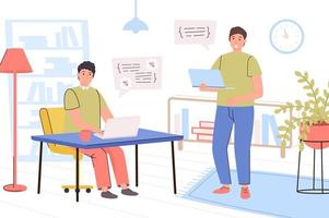 Programmers working at office concept. Developers team work on laptops, program in different languages, write code, optimize programs, creating software. Vector illustration in trendy flat design