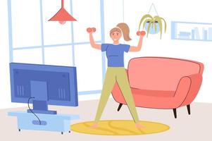 Fitness at home concept. Happy woman exercising with dumbbells and watching video lesson with workout, engaging in sports activity in living room with TV. Vector illustration in trendy flat design