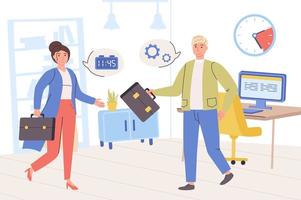 Time management concept. Man and woman work together in office, planning work tasks, organize workflow, optimization process, productivity and deadlines. Vector illustration in trendy flat design