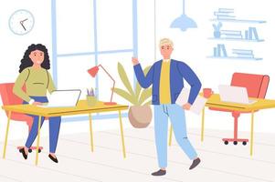 concepto de oficina de negocios. colegas felices del hombre y de la mujer que se saludan, los empleados se comunican y discuten las tareas laborales, la asociación y la cooperación. ilustración vectorial en diseño plano de moda vector