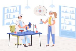 Laboratory research concept. Scientists making scientific tests with microscope and flasks at lab. Chemical, medical or pharmaceutical research and discovery. Vector illustration in trendy flat design