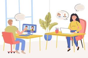 Online conference concept. Man and woman make video calls while sitting at table with computer or laptop. Online communication of friends or colleagues. Vector illustration in trendy flat design