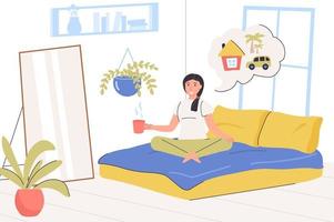 Dreaming people concept. Happy woman thinking about home, car and future travels while sitting on bed in bedroom. Imagination, inspiration and goal setting. Vector illustration in trendy flat design