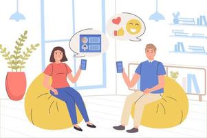 People browse social network concept. Man and woman chats, like photos, write comments, follow bloggers, read posts. Online communication, internet addiction. Vector illustration in trendy flat design