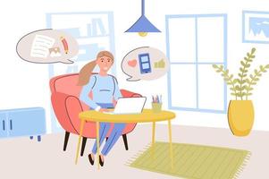 Blogging concept. Woman blogger writes articles and publishes photos on personal blog, communicates with followers. Content creation and online business. Vector illustration in trendy flat design