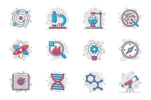 Science concept flat line icons set. Scientific research and lab equipment. Bundle of astronomy, microscope, test, flask, atom, molecule, other. Vector conceptual pack outline symbols for mobile app