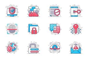 Conjunto de iconos de línea plana de concepto de seguridad cibernética. protección de datos en internet. paquete de escudo, acceso, clave, huella digital, privacidad, contraseña, otro. símbolos de esquema de paquete conceptual vectorial para aplicaciones móviles vector