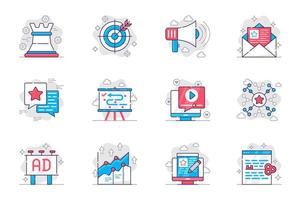 concepto de marketing conjunto de iconos de línea plana. estrategia de promoción empresarial exitosa. paquete de destino, atracción, redes, optimización y otros. símbolos de esquema de paquete conceptual vectorial para aplicaciones móviles vector