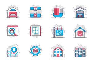 conjunto de iconos de línea plana de concepto de bienes raíces. compra o alquiler de casa o departamento. Lote de dormitorio, cocina, baño, cochera, anteproyecto, otro. símbolos de esquema de paquete conceptual vectorial para aplicaciones móviles vector