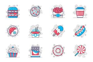 Fast food concept flat line icons set. Tasty unhealthy foods and sweets. Bundle of hamburger, pizza, fries, croissant, noodles, ice cream, other. Vector conceptual pack outline symbols for mobile app