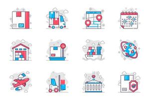 Shipping concept flat line icons set. Delivery service and logistics. Bundle of parcel, truck, tracking, warehouse, cargo, export and other. Vector conceptual pack outline symbols for mobile app