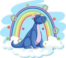 Cute blue dragon on the cloud with rainbow vector