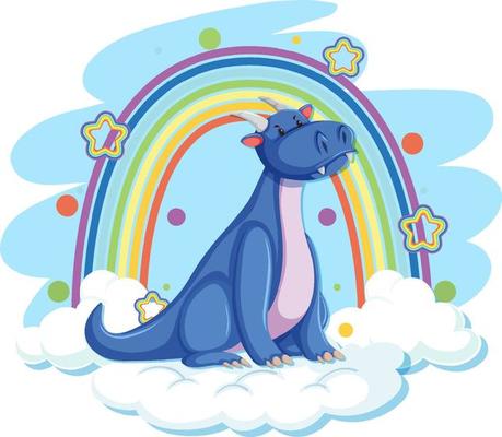 Cute blue dragon on the cloud with rainbow