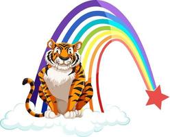 Un tigre sentado en la nube con arco iris sobre fondo blanco. vector