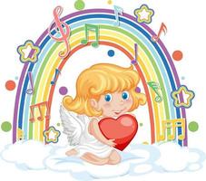 Cupid girl holding heart with melody symbols on rainbow vector