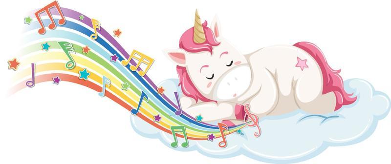 Cute unicorn sleeping on the cloud with melody symbols on rainbow