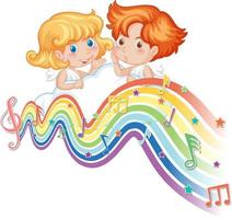 Cupid couple with melody symbols on rainbow wave vector