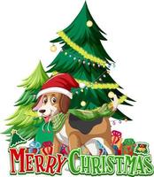 Merry Christmas font with Beagle dog and Christmas tree vector