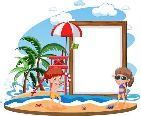 Blank banner template with many kids on summer vacation at the beach isolated