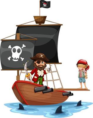 Pirate concept with a boy cartoon character walking the plank on the ship isolated