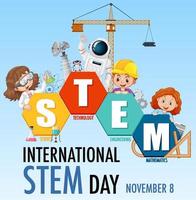 International STEM Day banner with kids cartoon character vector