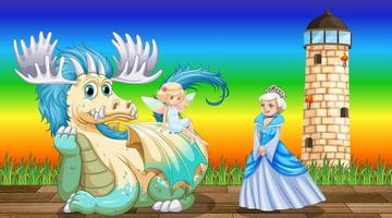 Dragon and queen cartoon character on rainbow gradient background vector