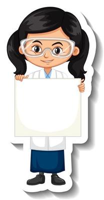 Cartoon character sticker with a girl in science gown holding empty banner