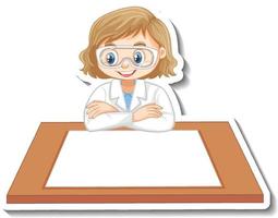 personaje de dibujos animados de niña científica con mesa en blanco vector