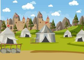 Campamento militar medieval con carpas y castillo. vector