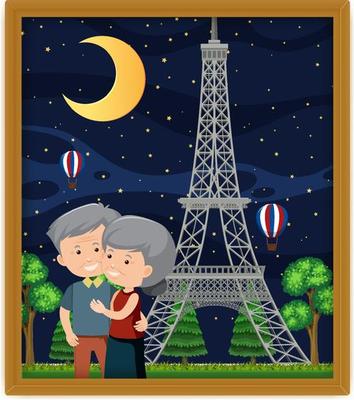 A picture of old couple with Eiffel tower