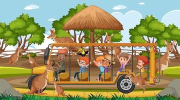 Safari scene with kids on tourist car watching kangaroo group vector