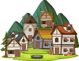 Medieval village scene on white background vector