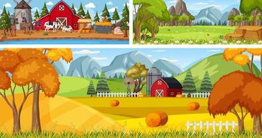 Outdoor panoramic landscape scenes set with cartoon character vector