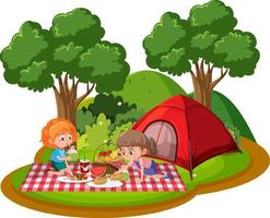 Girls camping in the forest vector