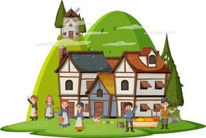 Medieval village scene on white background vector