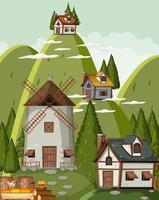 Escena de pueblo medieval con molino de viento y casas. vector