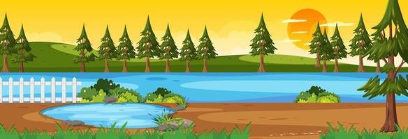 Forest along the river horizontal scene at sunset time with many trees vector