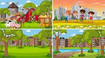 Set of different nature scenes background with people vector