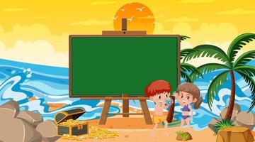 Plantilla de banner vacío con niños de vacaciones en la escena del atardecer en la playa vector