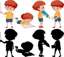 Set of a boy cartoon character in different positions with its silhouette vector