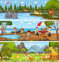 Outdoor panorama landscape scene set with cartoon character vector