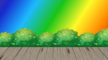 arbusto y piso de madera sobre fondo degradado de arco iris vector