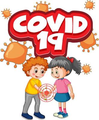 Two kids cartoon character do not keep social distance with covid-19 font isolated on white background