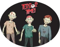 Diseño de texto de tiempo de terror con tres zombies espeluznantes. vector